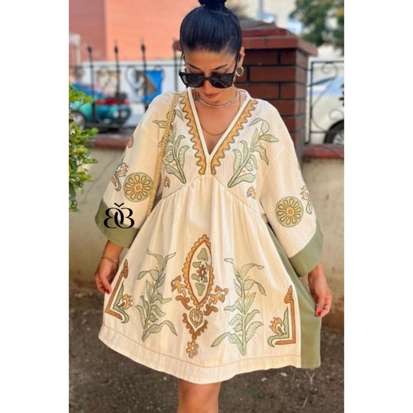 Beige & Green Boho Embroidered V Neck 3/4 Sleeve Babydoll Mini Dress - Picture 13 of 16